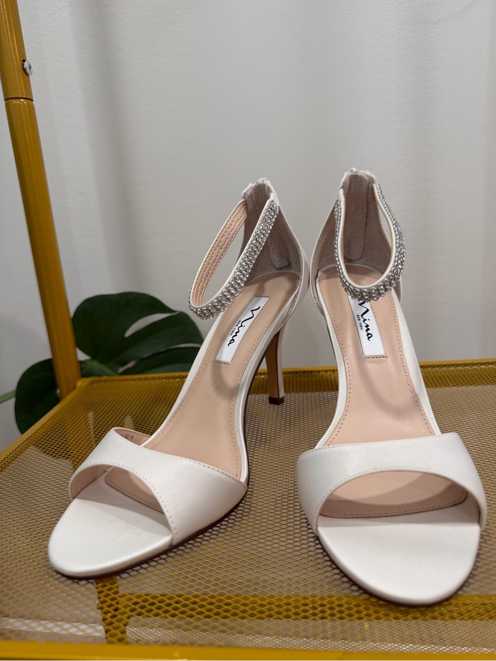 Nina Ivory Satin Open-Toe Crystal Ankle-Strap Heels